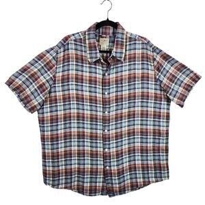 LL Bean VNTG Linen Plaid Shirt Button Up Mens XL Slightly Fitted Short Sleeve